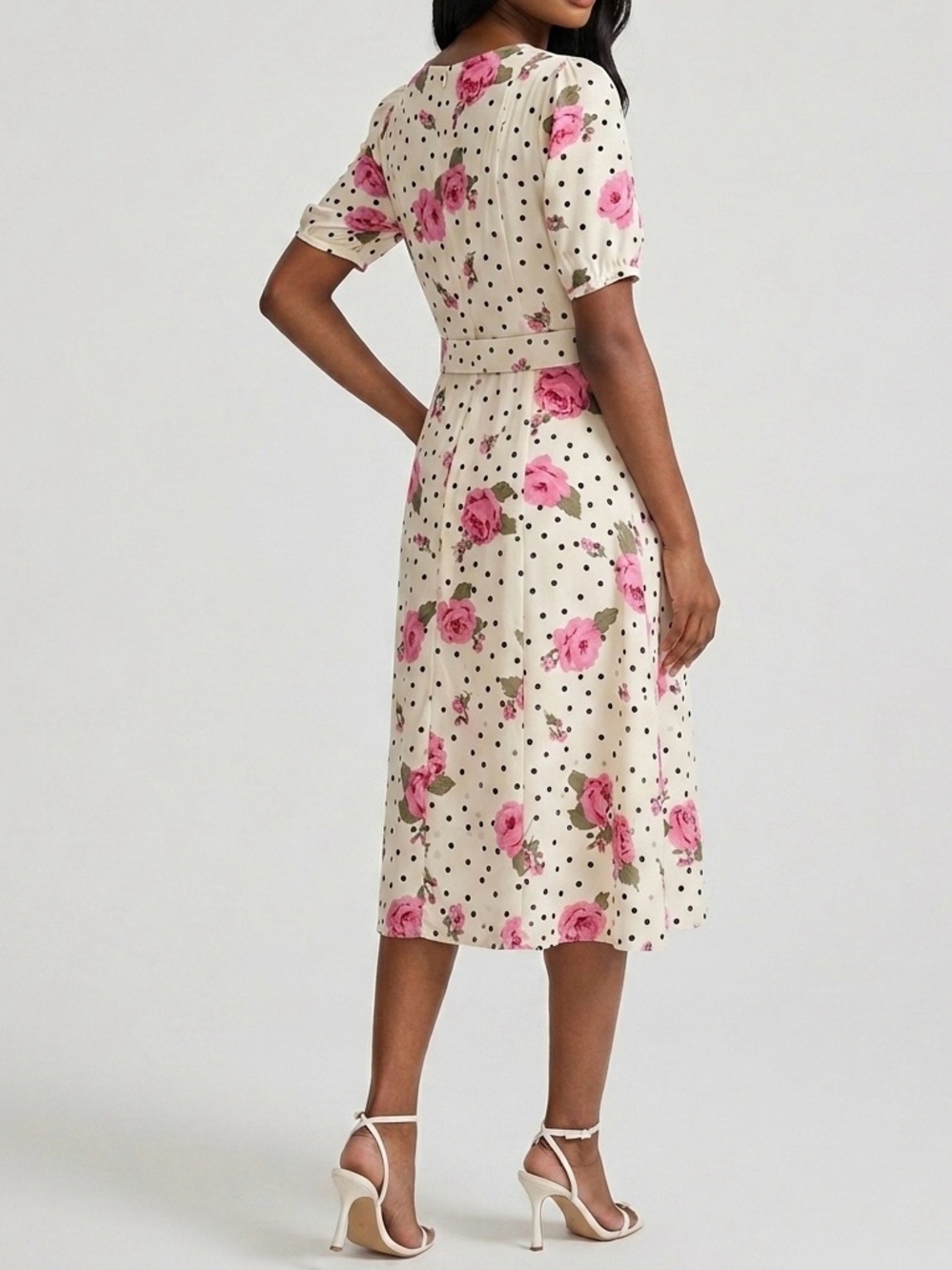 LPA Bambina Dress in Dotty Rose Floral Polkadot Button Front Belted Midi S - Picture 2 of 9